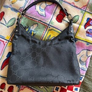 Gucci Monogram Logo Black Shoulder Bag Silver Tone Hardware Purse